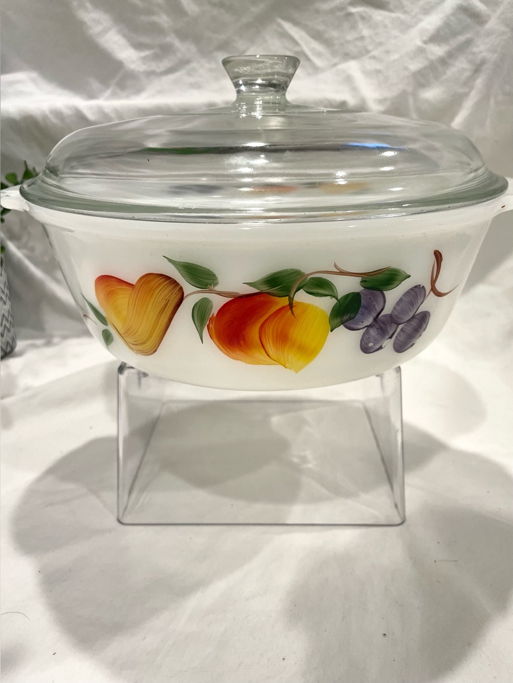 Vintage Fire King Fruit Design Lidded Casserole Dish | Heavy | Hairline Crack